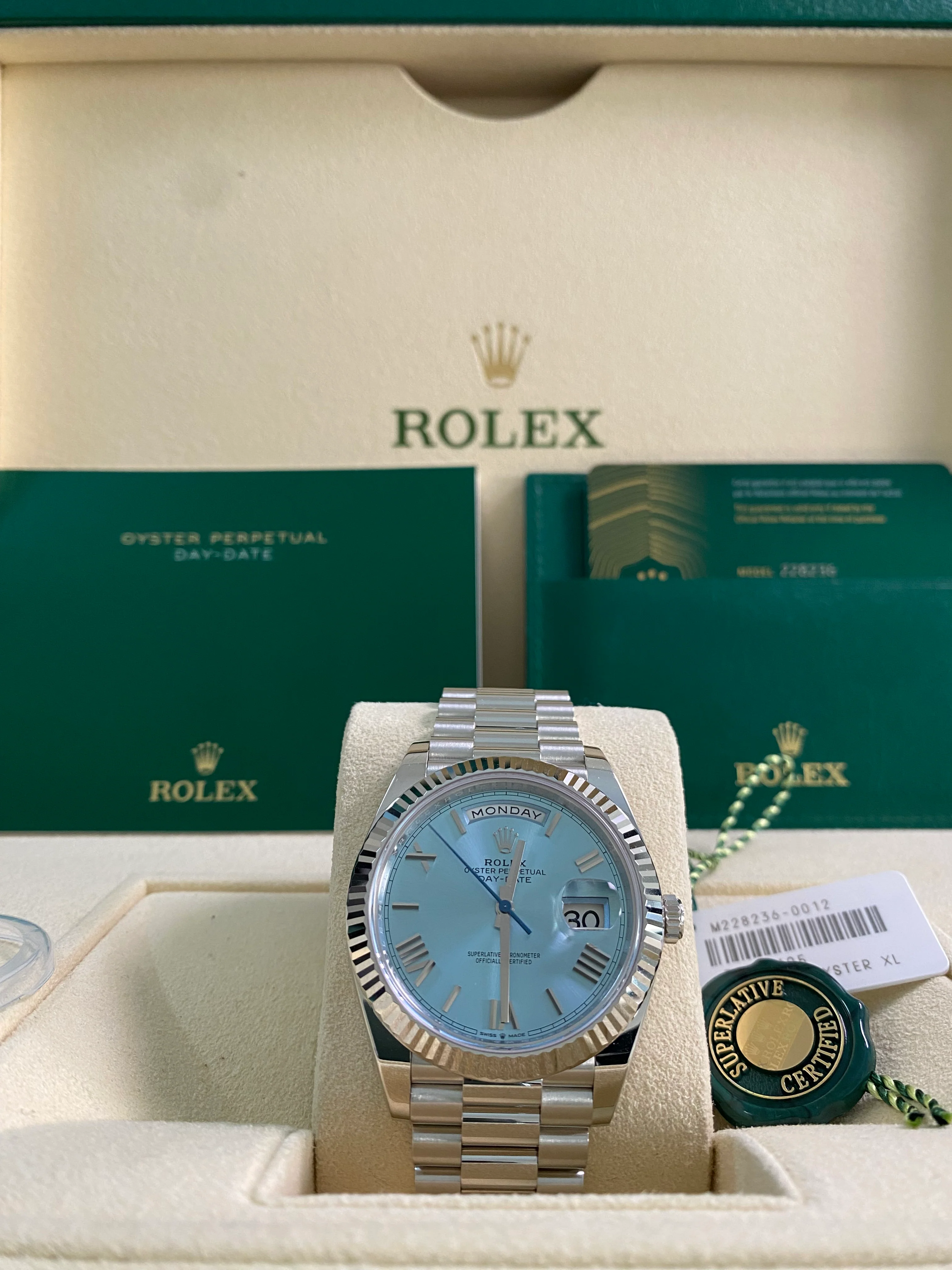Rolex Platinum Day-Date 40 -  2024 - Fluted Bezel - Ice Blue Roman Dial - President Bracelet - 228236 *FULL SET*
