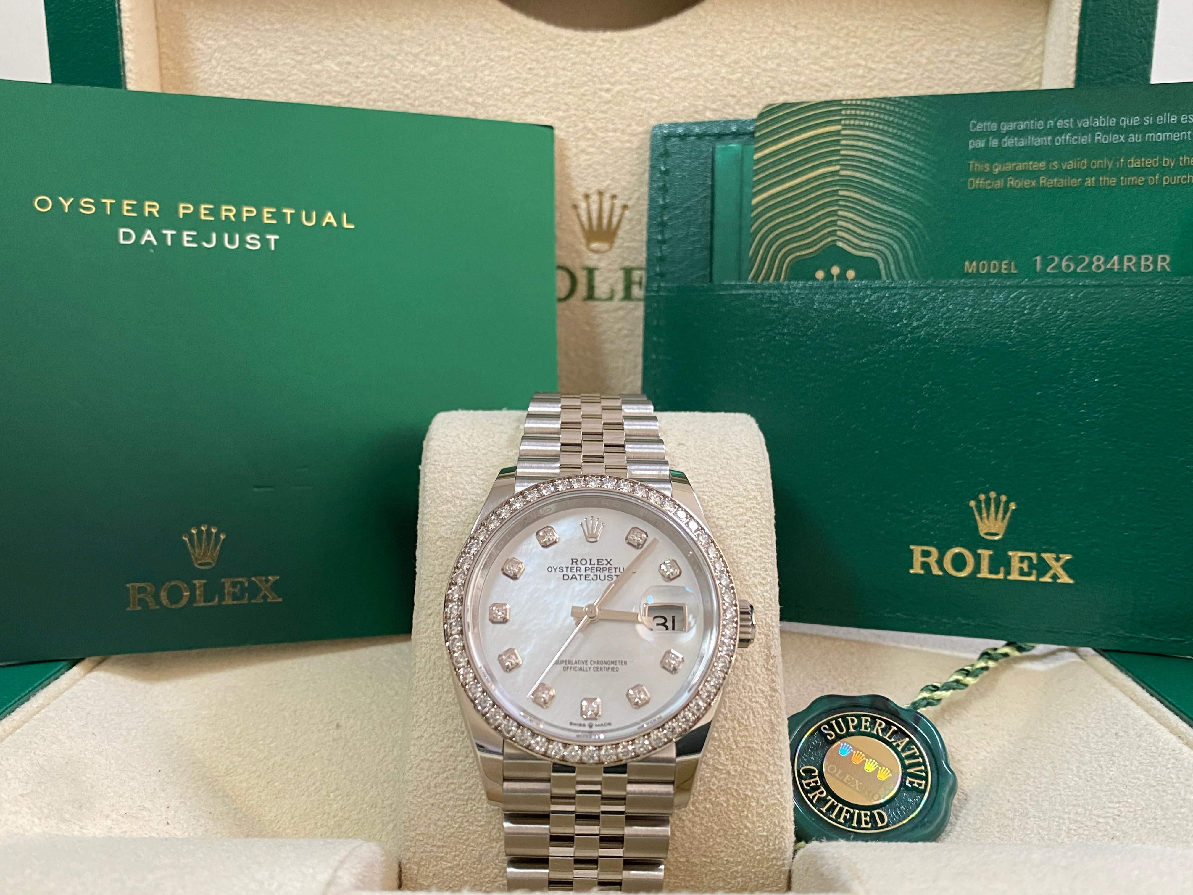 Rolex Steel Datejust 36 - 2024 - Diamond Bezel - Mother-of-Pearl Diamond Dial - Jubilee Bracelet - 126284RBR