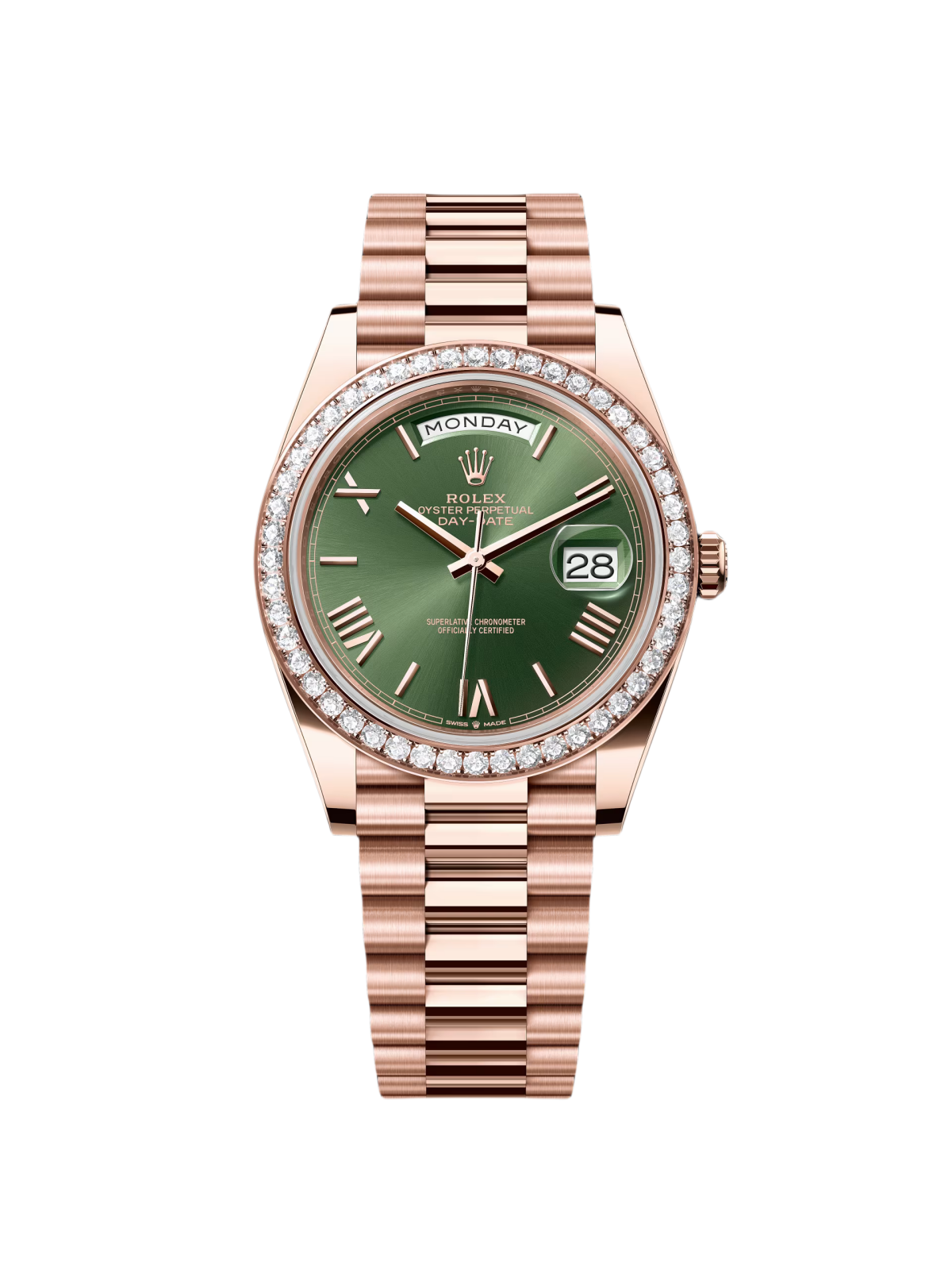 【Super Clone】RLX   "President" 40mm Everose Gold Olive Green Roman Dial Diamond Bezel - 228345RBR