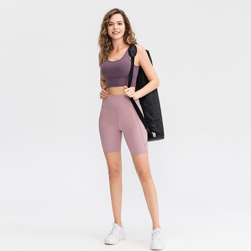 Double-sided brushed feel yoga shorts, women's high-waisted, hip-lifting, tight-fitting sports shorts with pockets