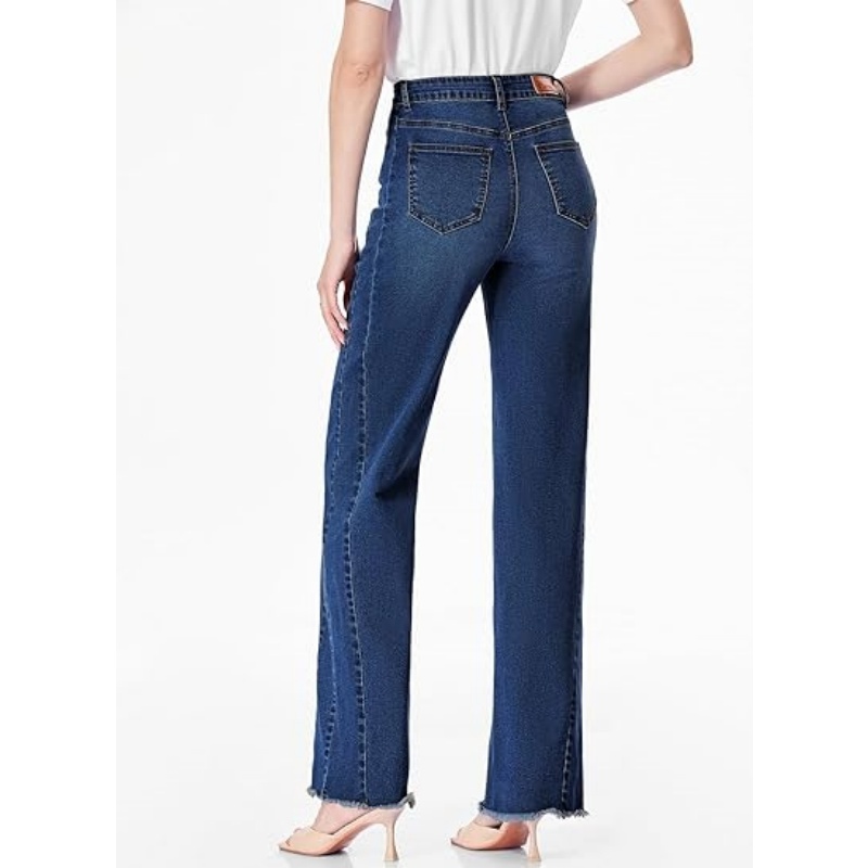 Women's High Waisted Stretchy Wide Leg Jeans, Raw Hem Denim Pants