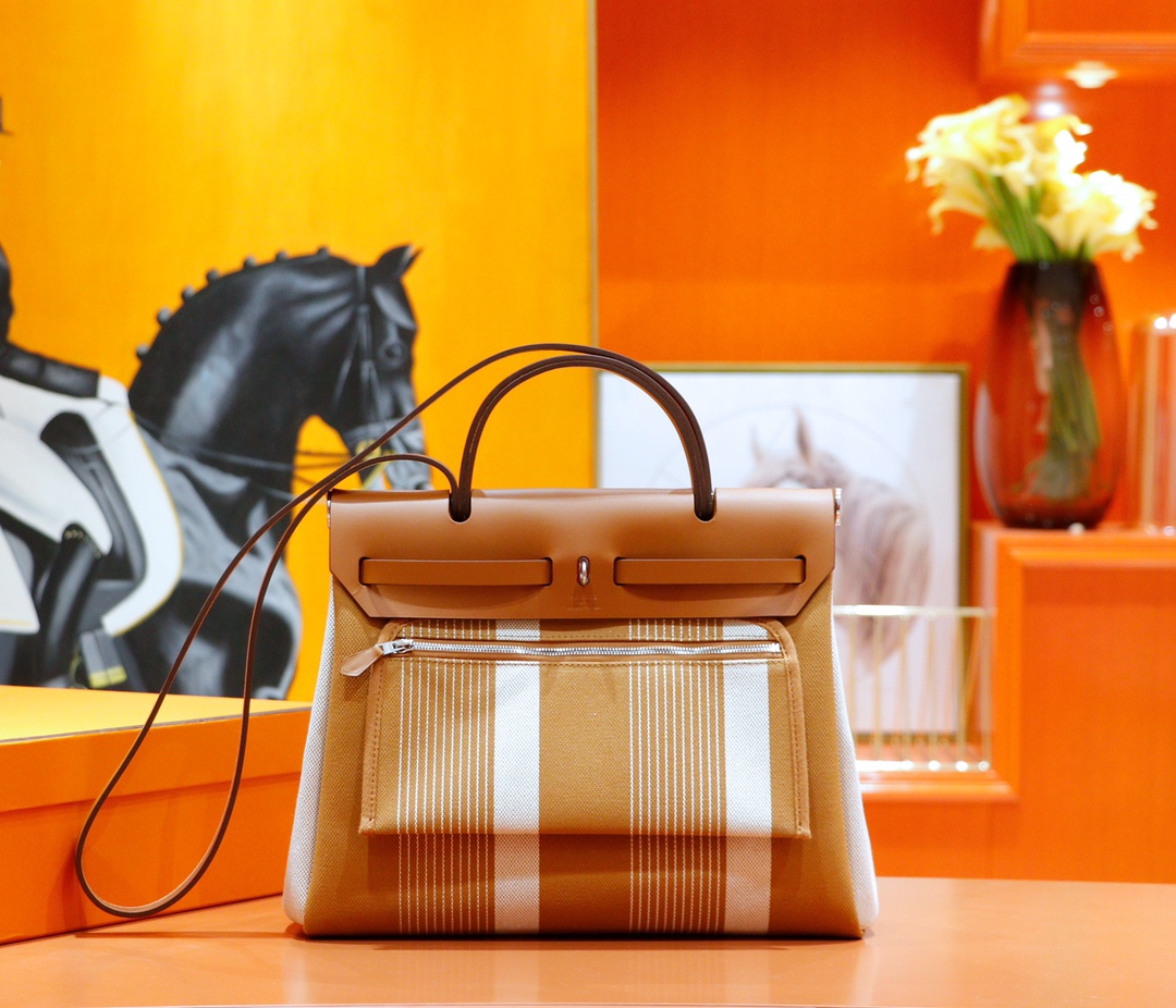 Hermes (Love Hermes) Herbag Limited Edition Letter Design Original Canvas Patch Original Leather Highest Version Silver Buckles 31cm