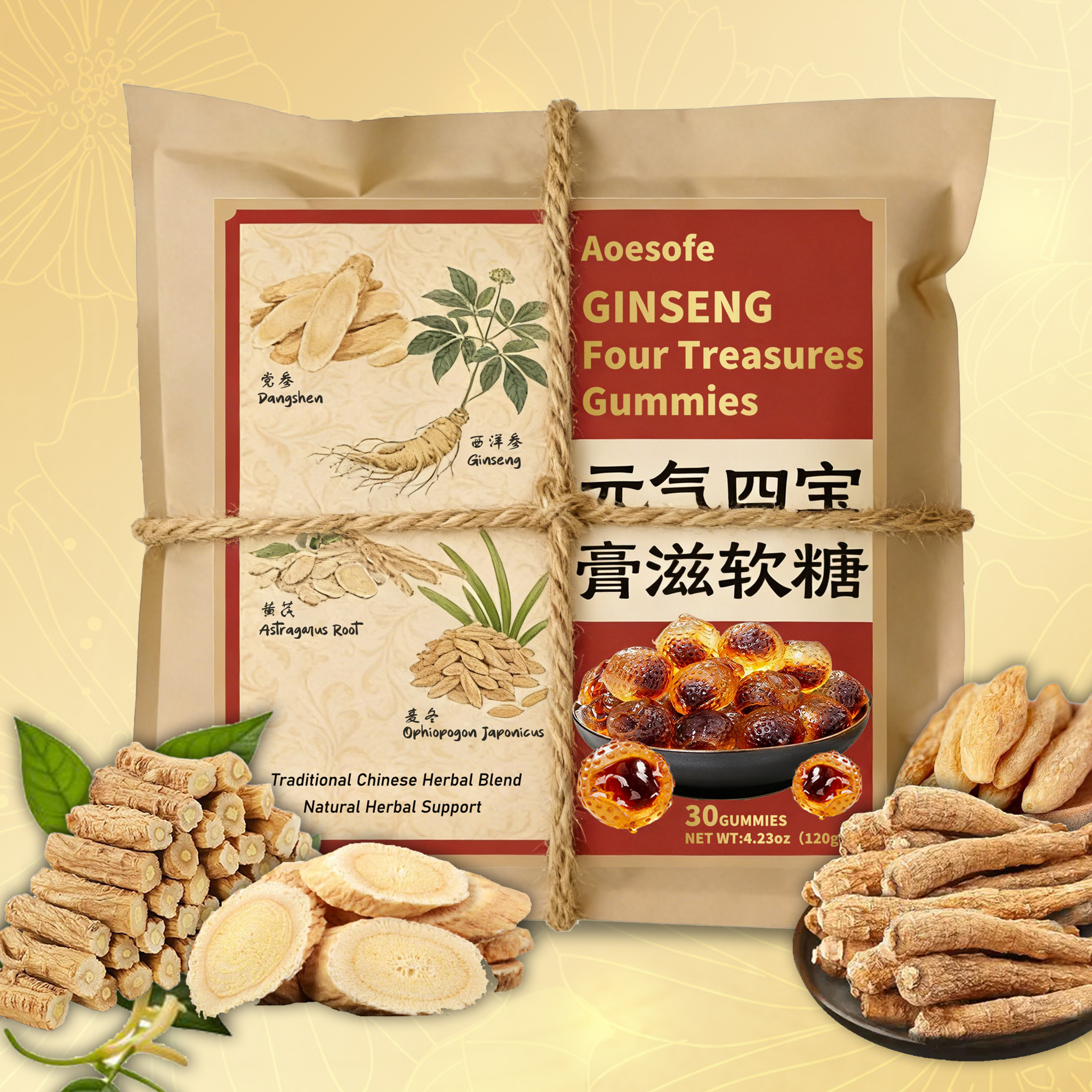 Aoesofe Ginseng Four Treasures Gummies, Traditional Chinese Herbal Blend with Dang Shen, American Ginseng, Astragalus & Ophiopogon, Soft Chewy Texture, Individually Wrapped for On-the-Go & Daily Use, 30 Count Per Pack, Natural Herbal Flavor for Adult