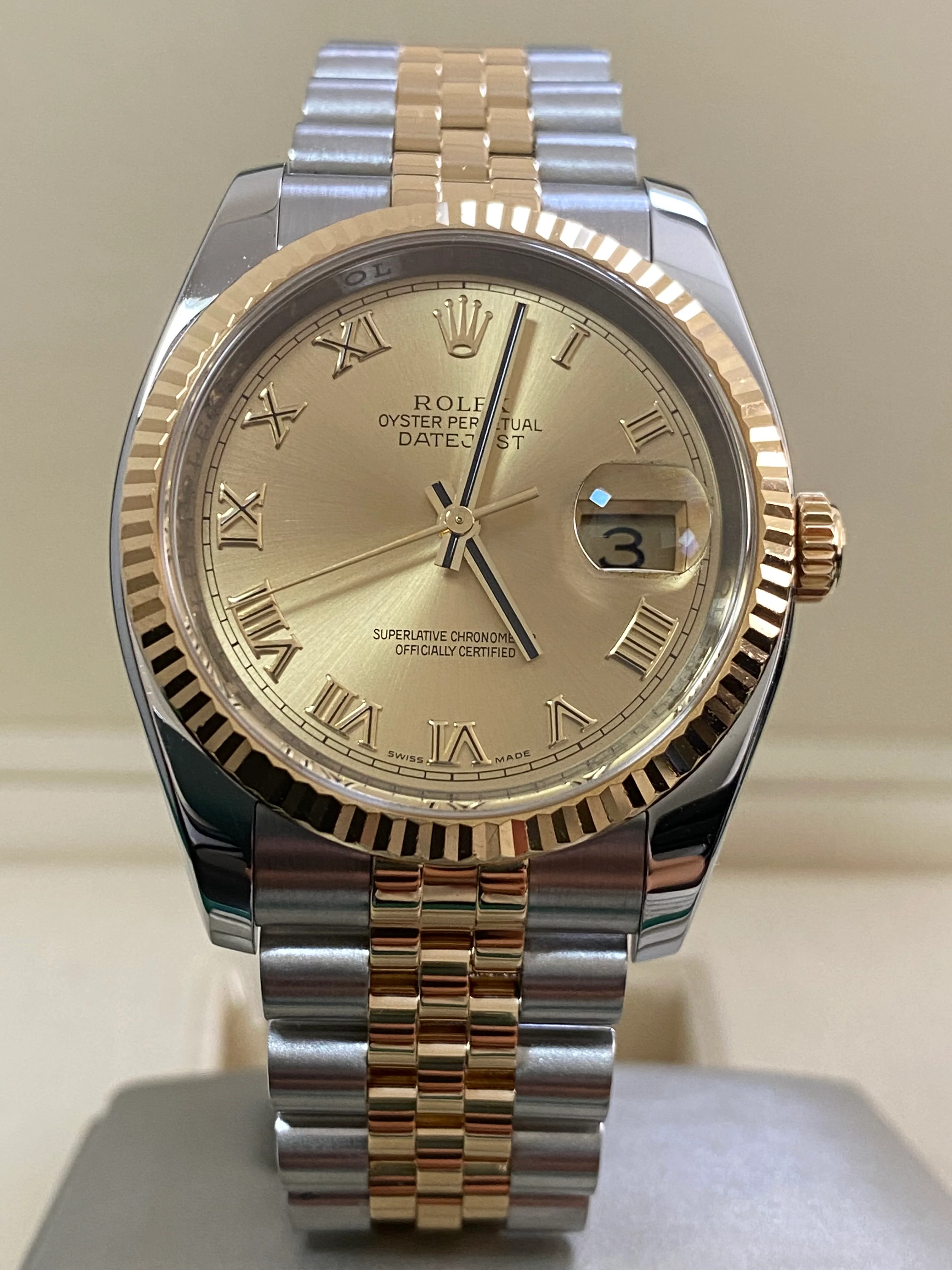 Rolex Steel and Yellow Gold Datejust 36 - G serial - Fluted Bezel - Champagne Roman Dial - Jubilee Bracelet - 116233 *OPEN CARD*
