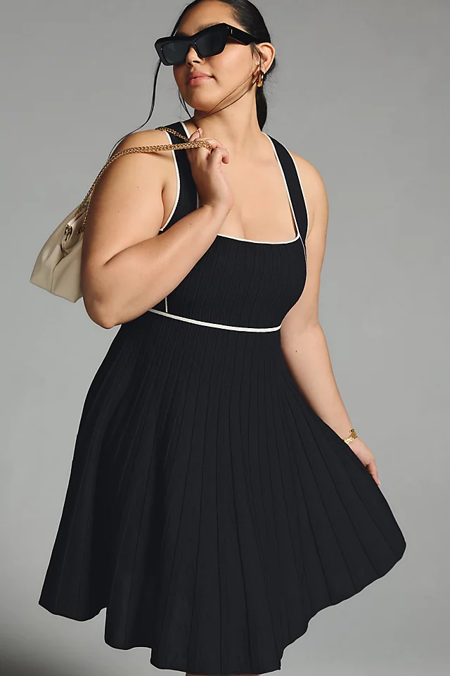 Square-Neck Pleated Mini Dress BLACK