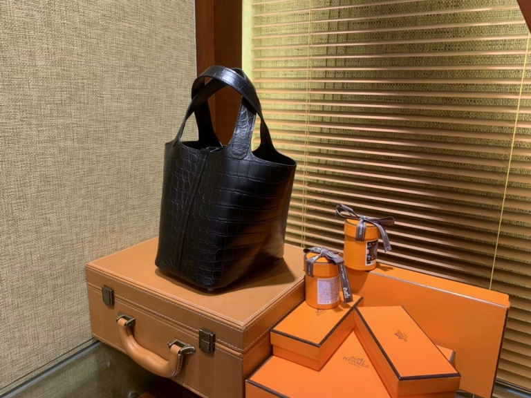 Hermes Picotin Basket - Crocodile Skin - Classic Black - Fully Hand-Embroidered - 18cm-22cm