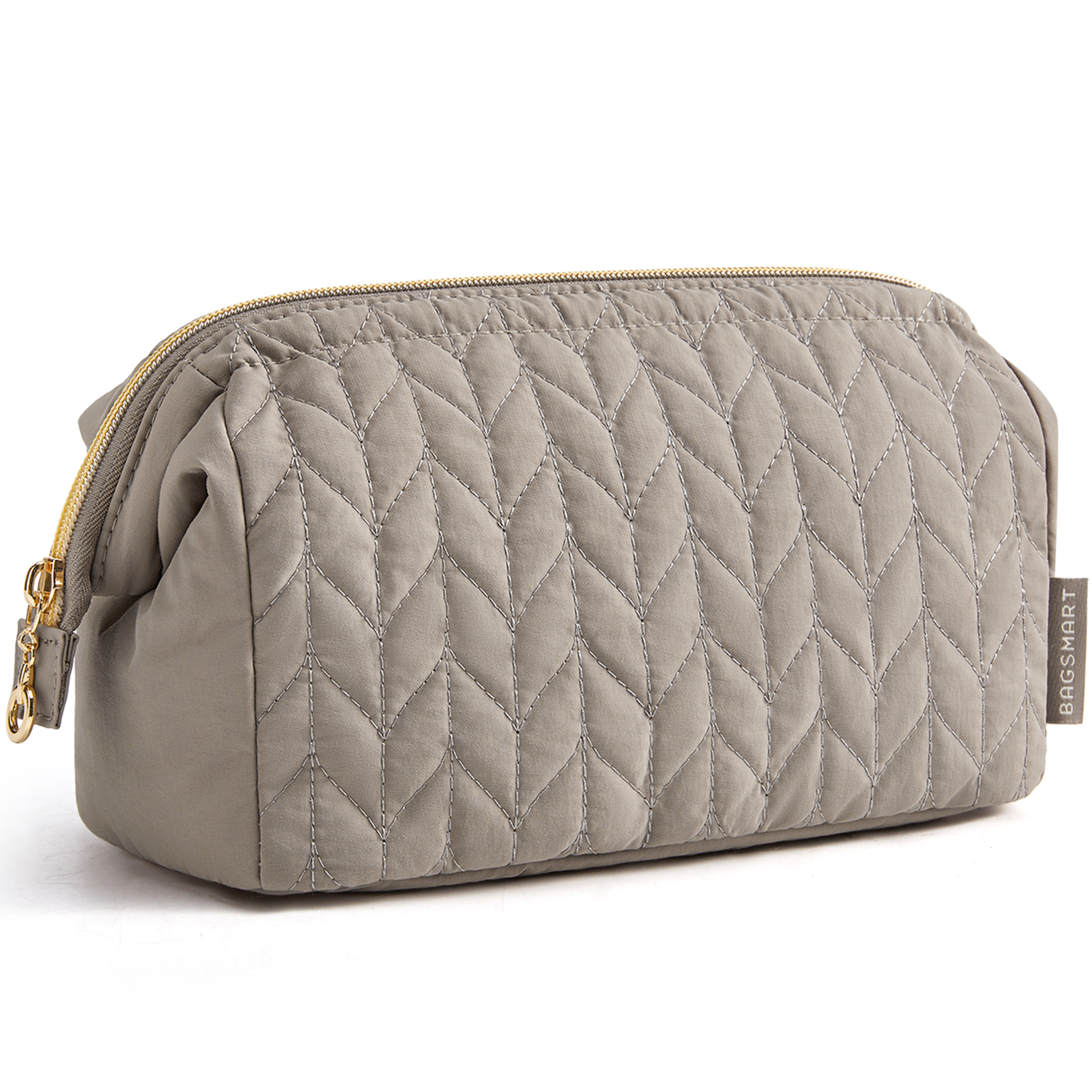 BAGSMART Wide-open Makeup Bag Cosmetic Pouch Organizer Travel Toiletry Bag Essentials Accessories for Women Girls, Leaf Quilted - Camel