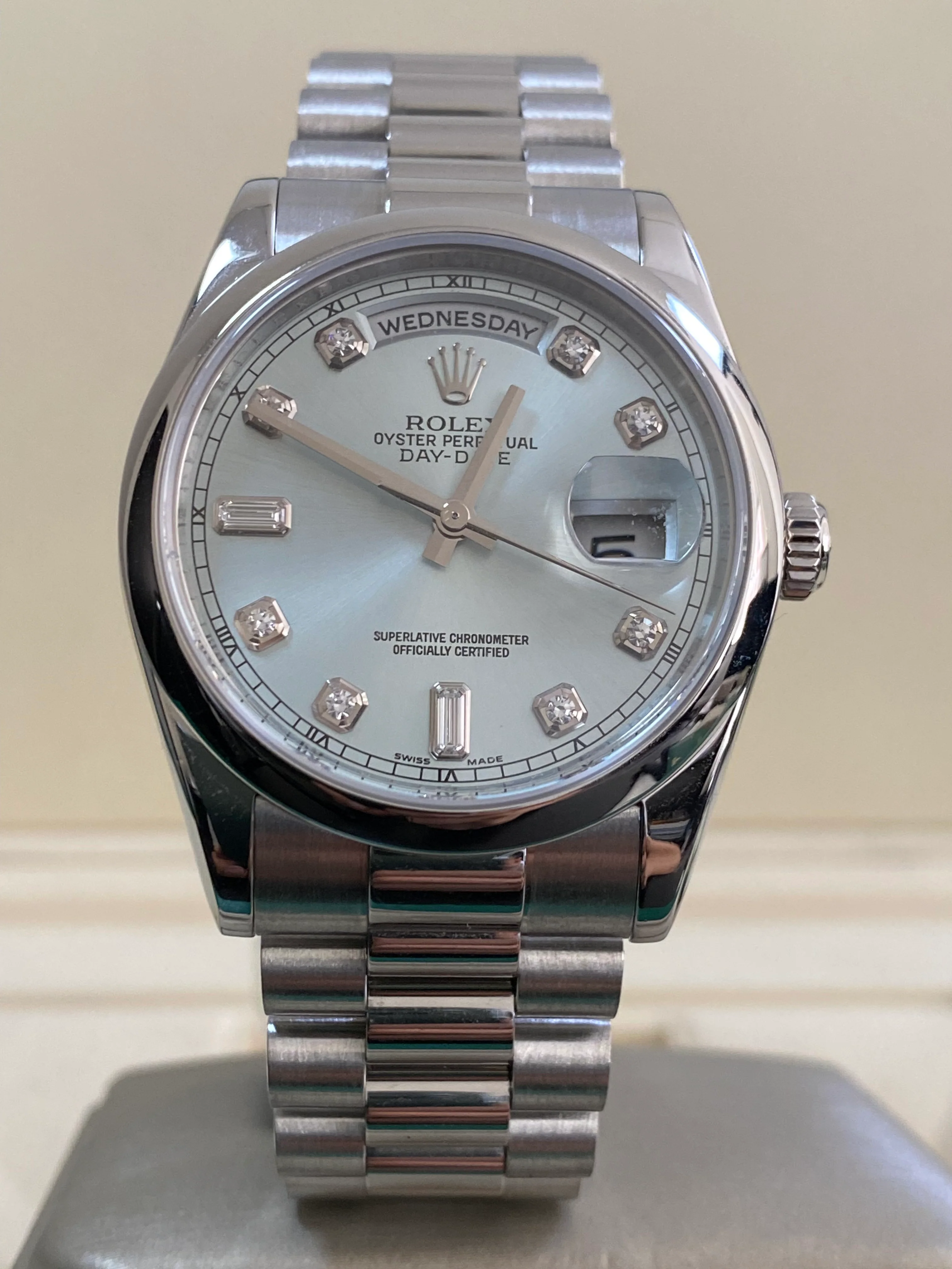 Rolex Platinum Day-Date 36 - 2021 - Domed Bezel - Ice Blue Diamond Dial - President Bracelet - 118206 *NEW STYLE CARD*