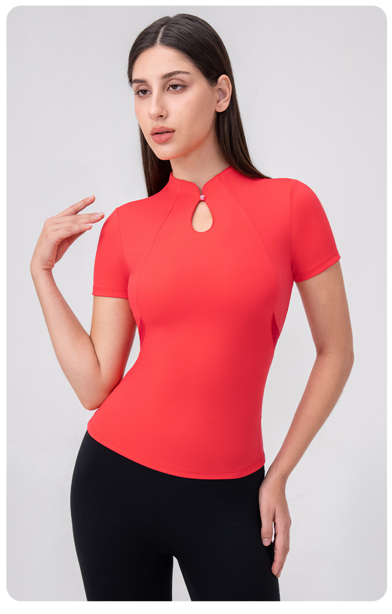 Chinese-style yoga short-sleeved top with padded chest, Lycra feel, high elasticity, tight fit, Pilates sports top