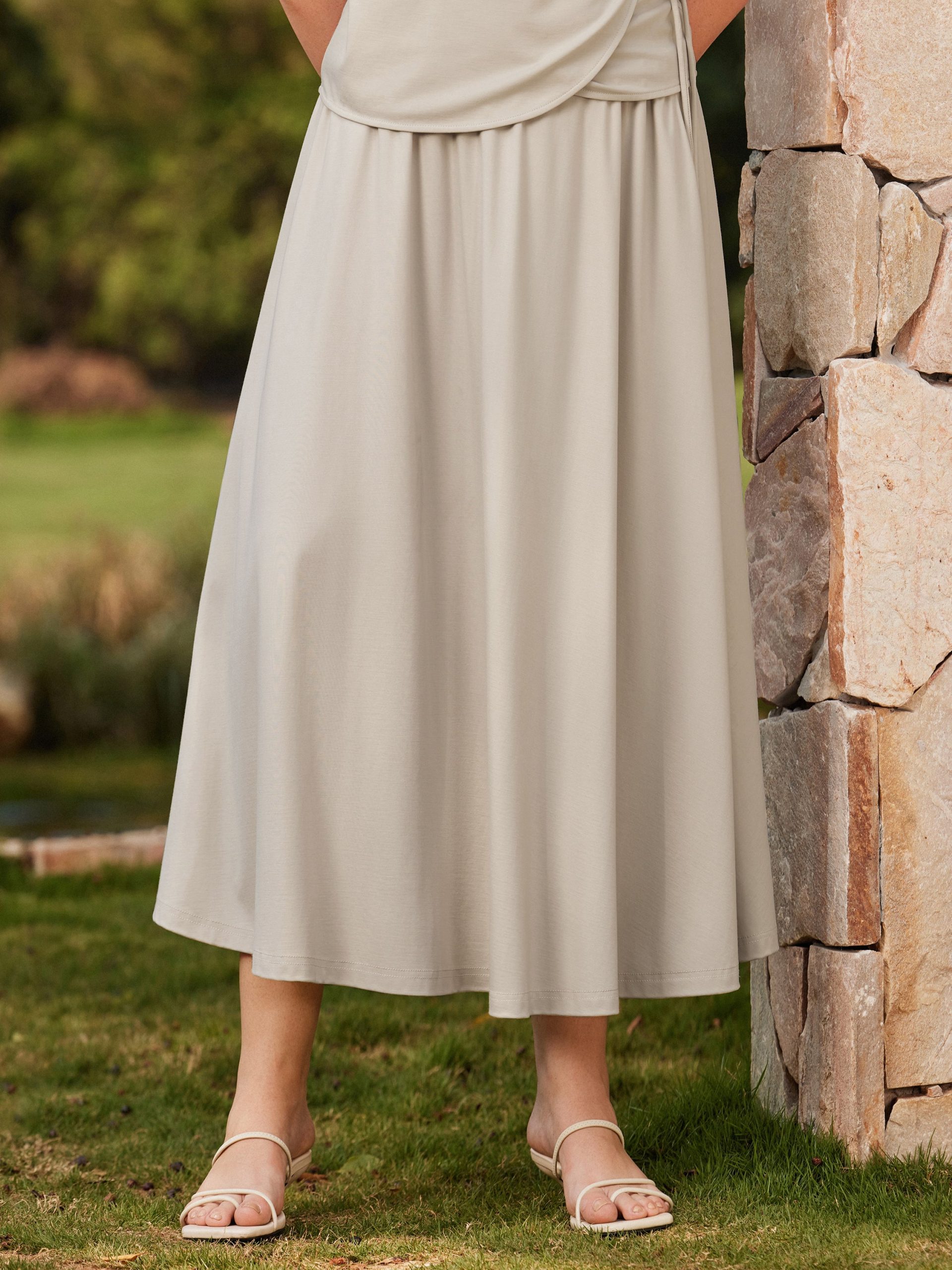Breezy Mid Rise Umbrella Midi Skirt with Pockets