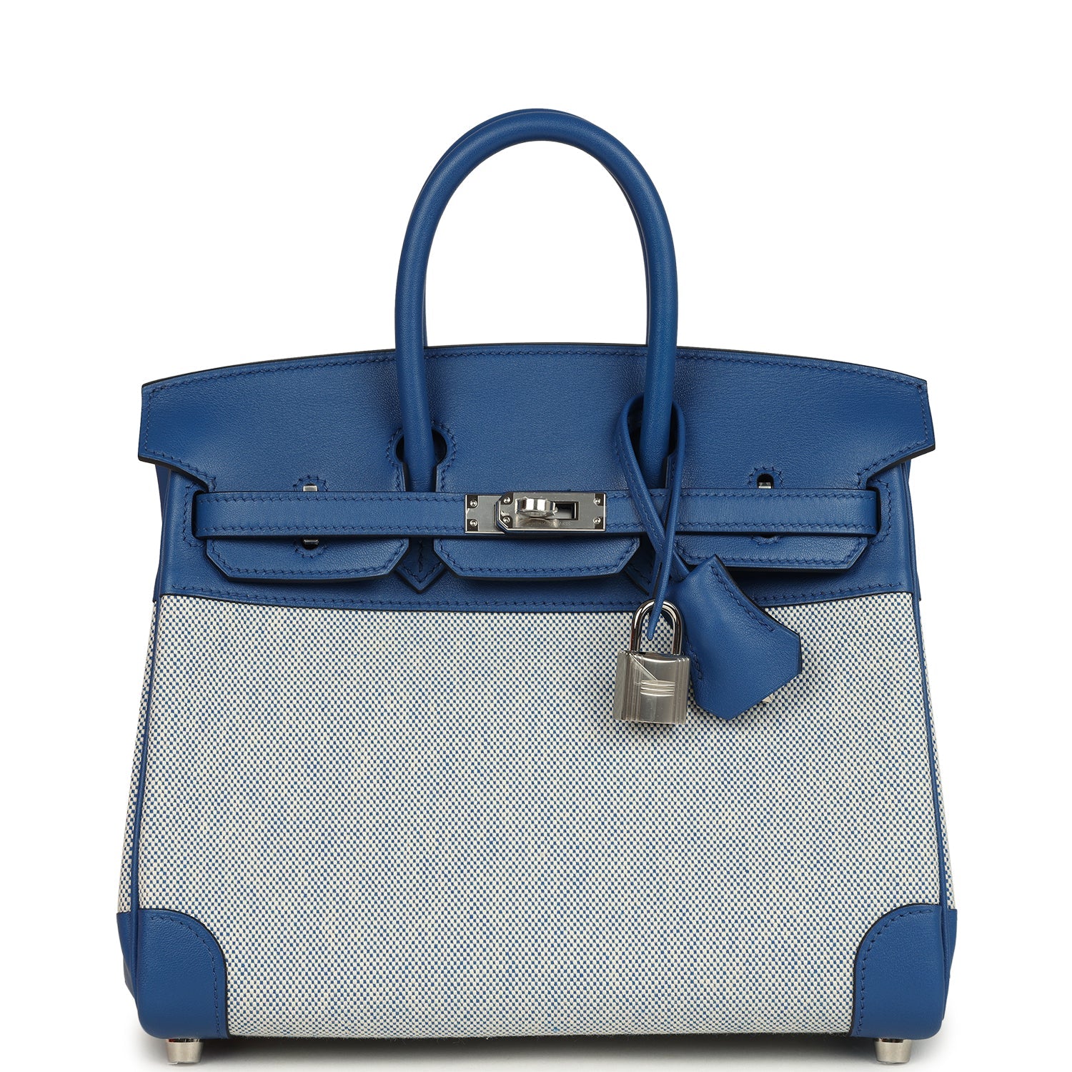 Hermes Birkin 25 Bleu France Swift and Bleu Bill-Ecru Toile H Canvas Palladium Hardware
