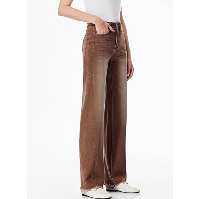 Women's High Waisted Stretchy Wide Leg Jeans, Raw Hem Denim Pants