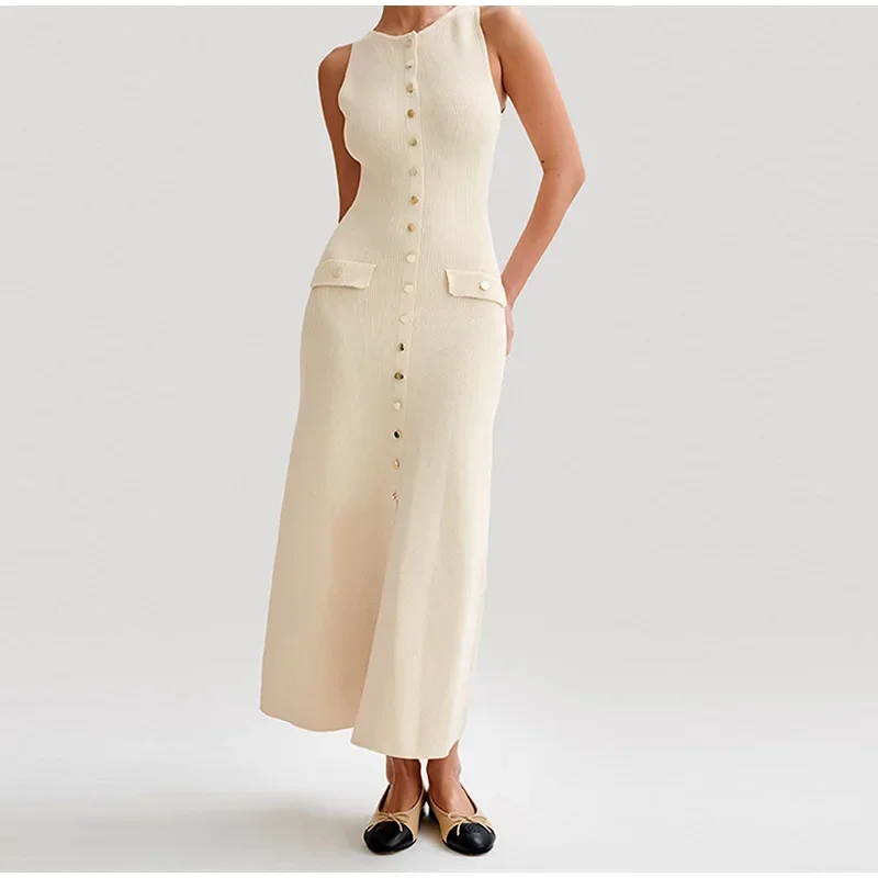 2026 Summer Elegant Lady Knitted Single Breasted Long Dresses Women Solid Sleeveless O Neck Button Bodycon Party Female Vestidos