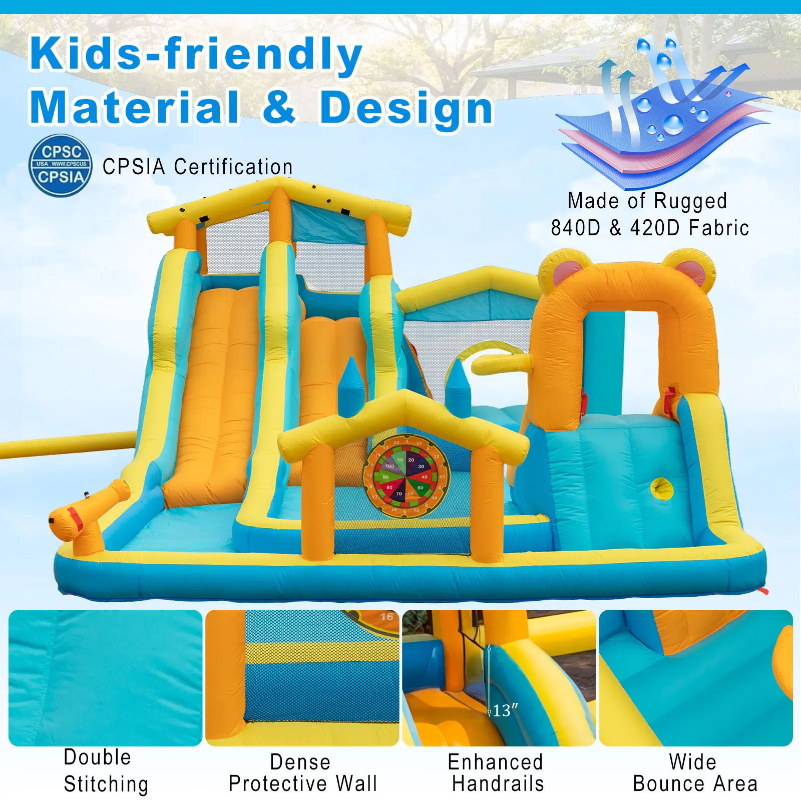 🔥Summer Deal🔥 Inflatable Water Slide Park with Splash Pool & Water Cannons