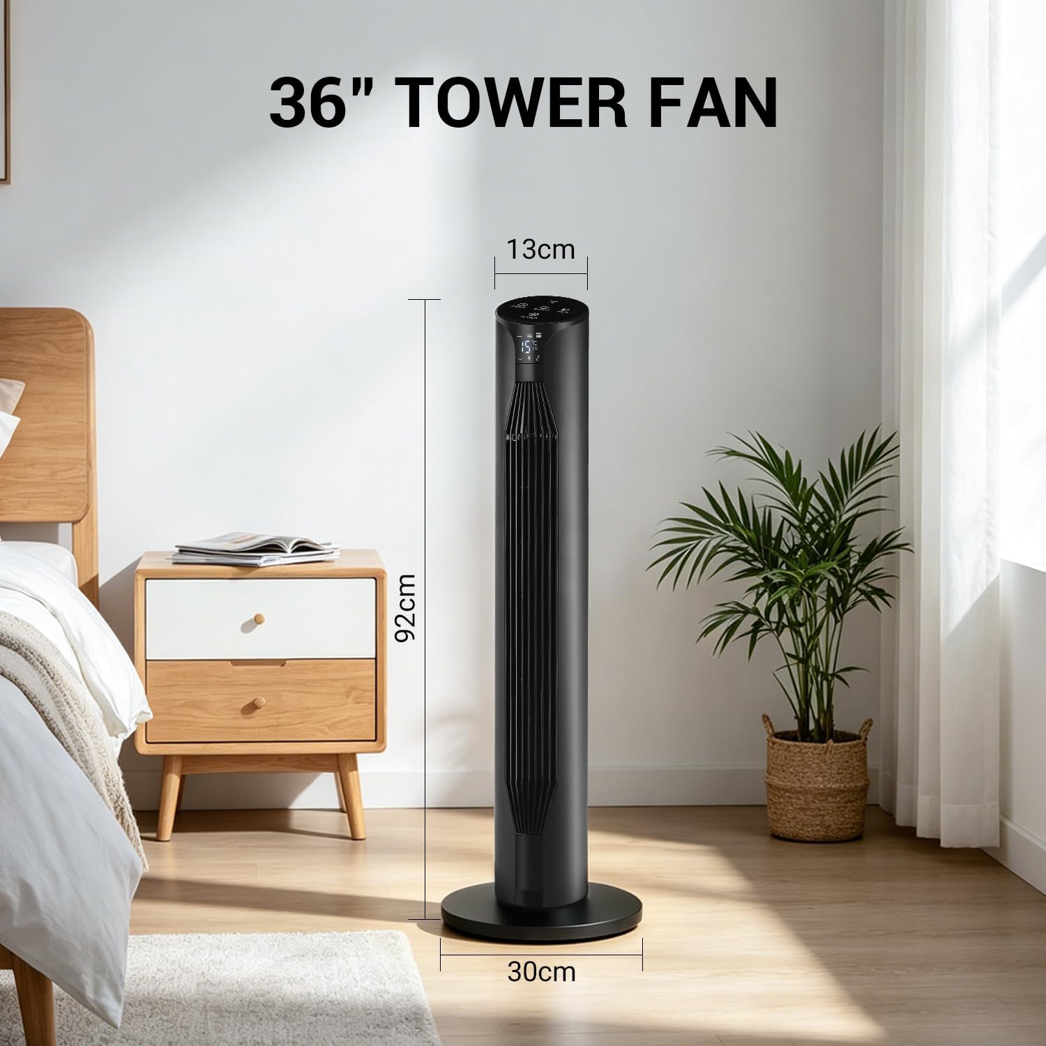 Turmventilator 92cm mit Fernbedienung, 3 Geschwindigkeiten 3 Lüftungsmodi 12H Timer 70° Oszillation, Leiser Säulenventilator mit LED Temperaturanzeige für Schlafzimmer Büro, Schwarz