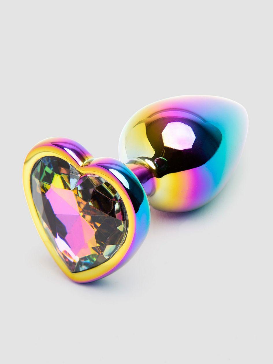 Rear Assets Small Jewelled Rainbow Heart Aluminium Butt Plug 2 Inch