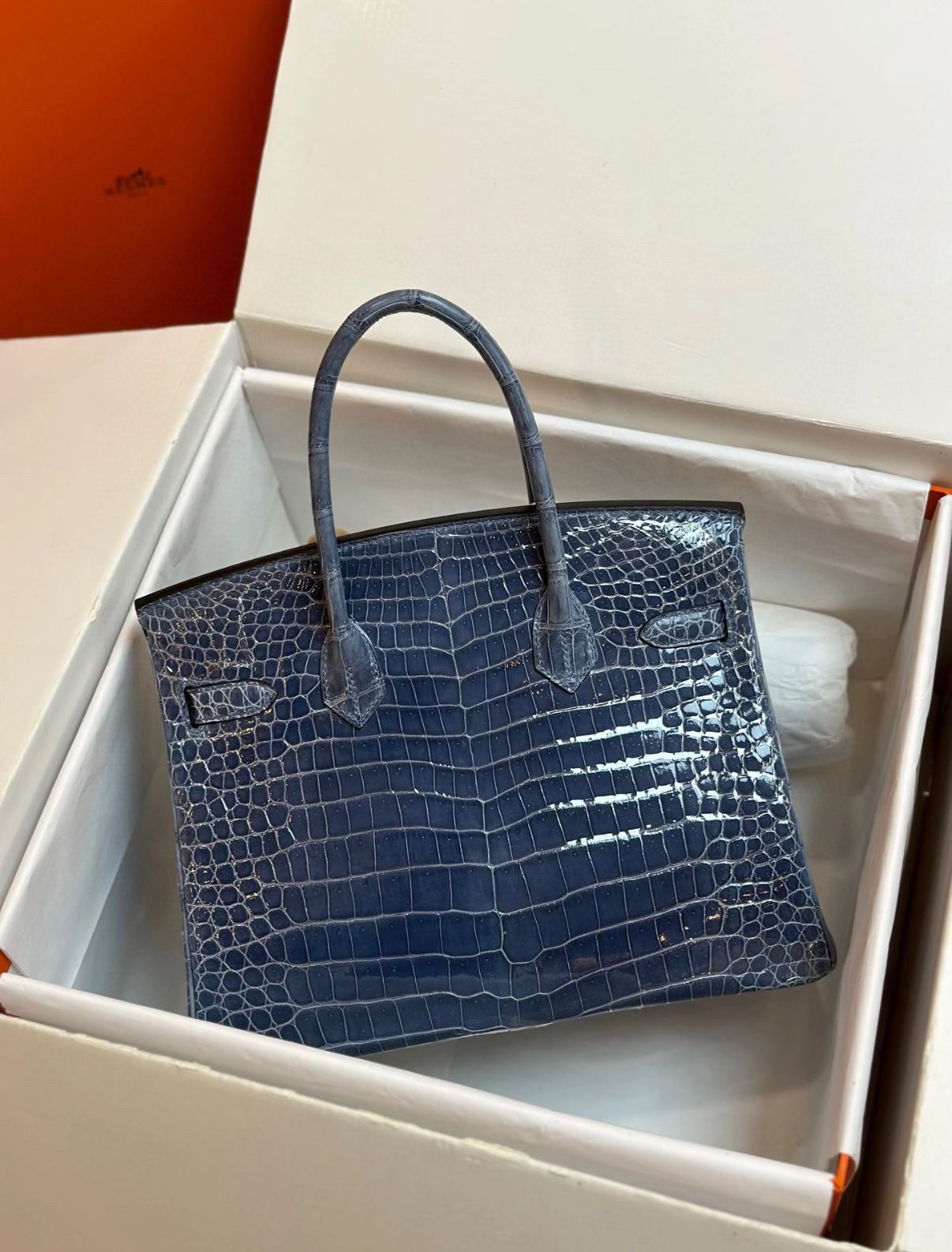 Hermès Brikin 25-30 Storm Blue Silver Buckle Custom crocodile  Leather