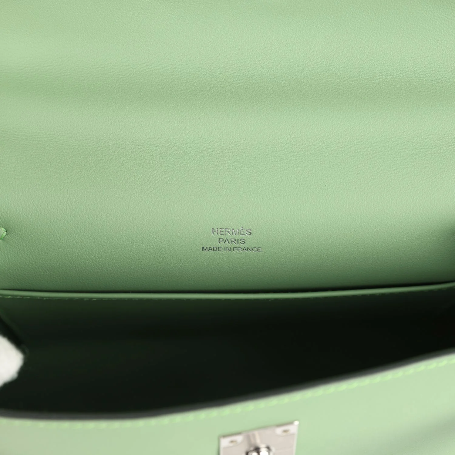 Hermes Kelly Pochette Vert Criquet Swift Palladium Hardware
