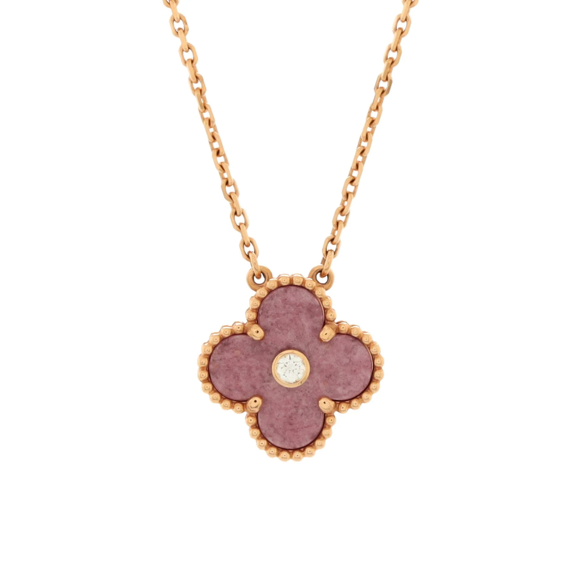 Vintage Alhambra Pendant Necklace 18K Rose Gold and Rhodonite with Diamond