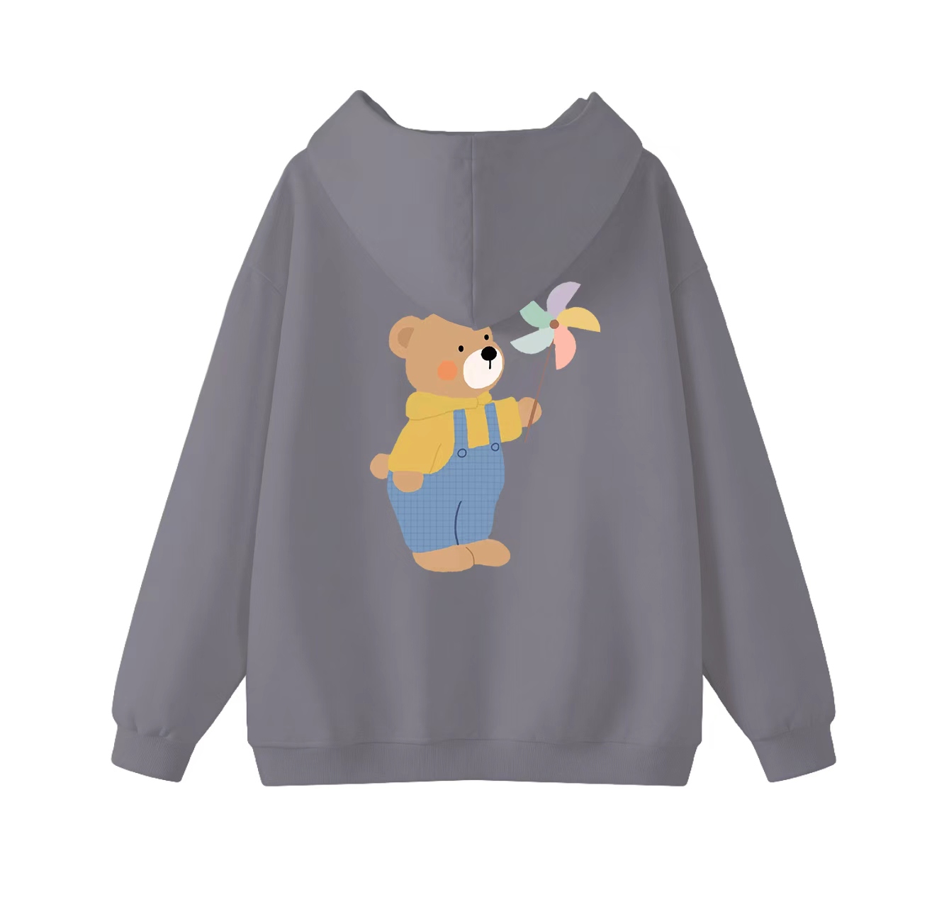 This adorable hooded sweatshirt features a bear holding a windmill and is a casual pullover. Its stand-up collar also makes it an ideal choice for winter wear.