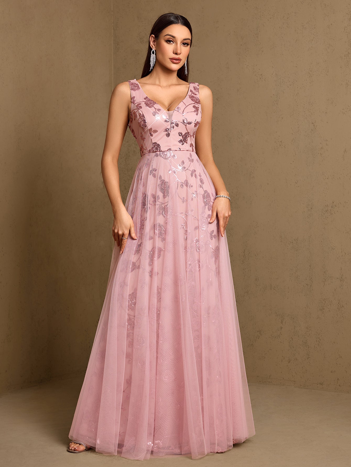 Pink Sequin Floral A-line Formal Dress XF251365