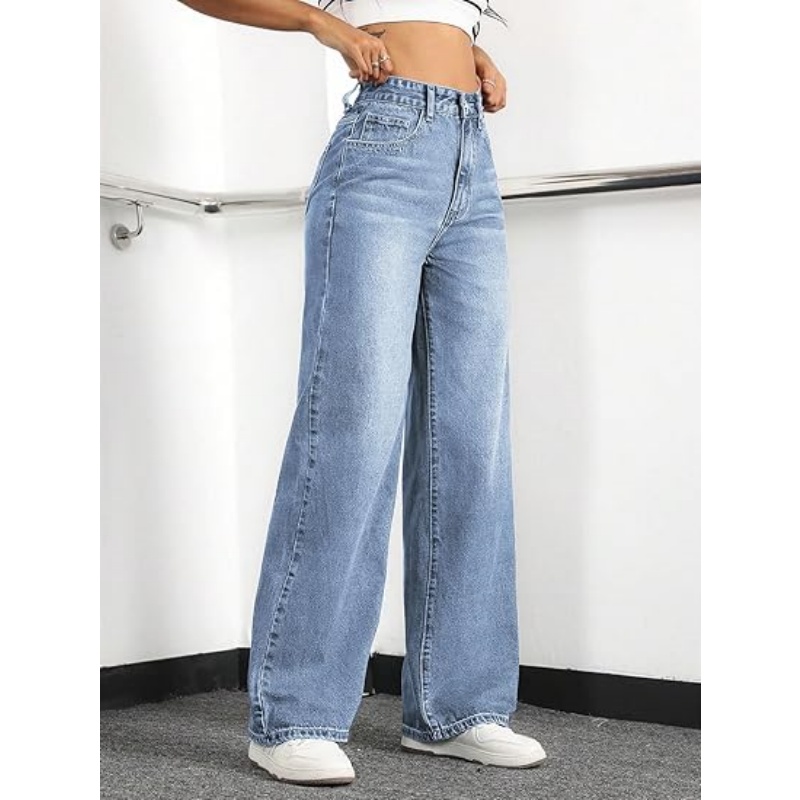 Women's High Waisted Stretchy Straight Leg Jeans, Loose Baggy Boyfriend Wide Leg Denim Pants