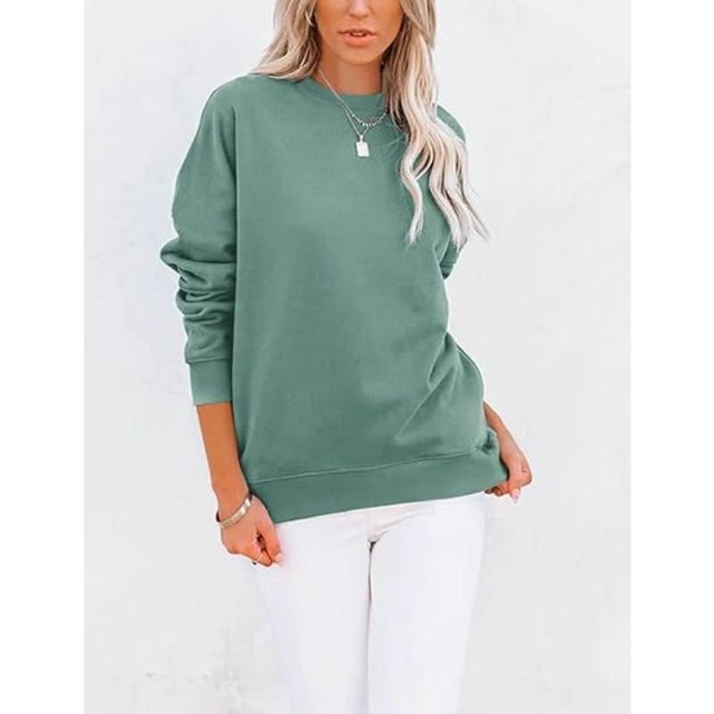 Women's Crewneck Sweatshirt, Cotton Blend Loose Fit Pullover with Side Pockets