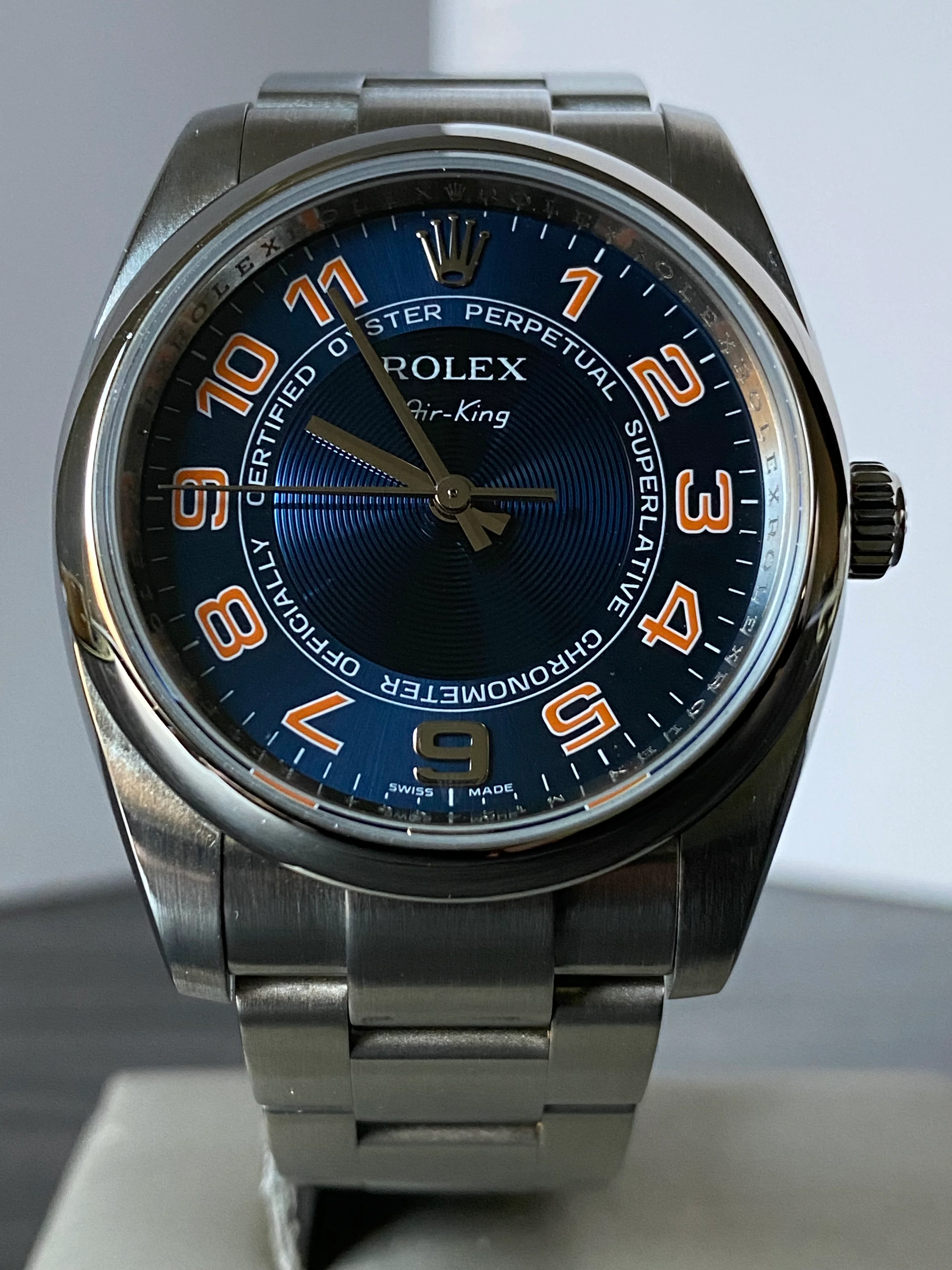 Rolex Air-King  - Domed Bezel - M Serial - Blue Dial - Orange Arabic Numerals - 114200