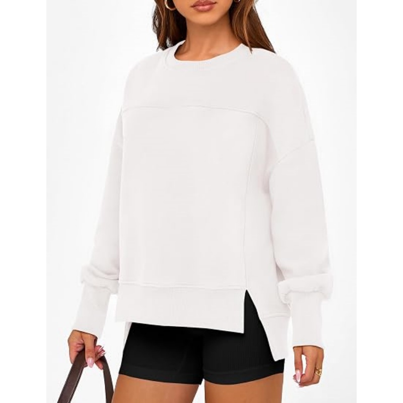 Women's Crewneck Sweatshirt, Fleece Long Sleeve Side Slit Pullover