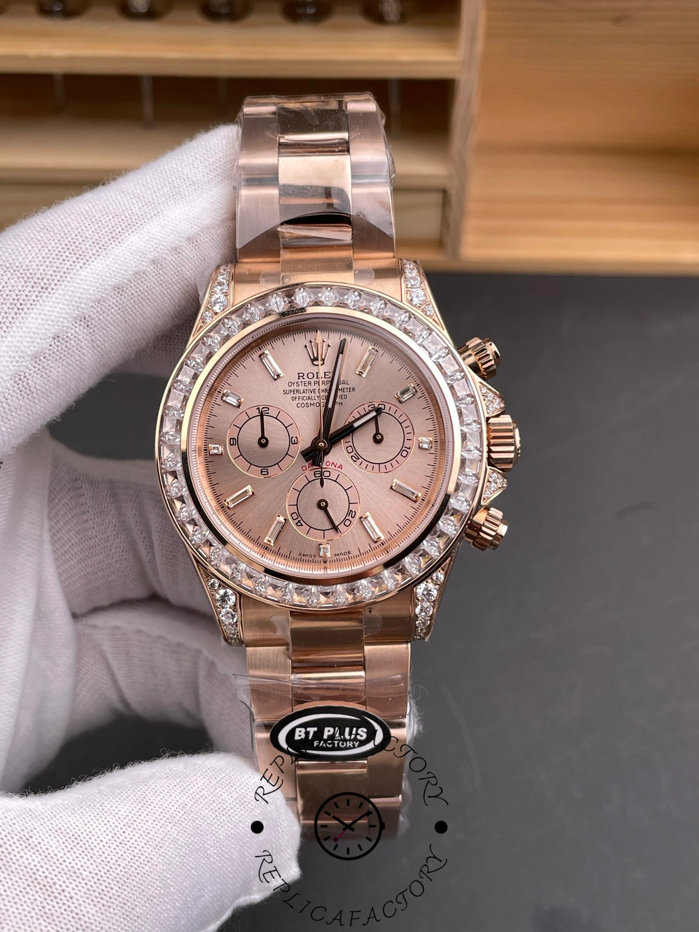 Replica Rolex Daytona 126595TBR 0001 Pink Dial & Diamond Bezel Watch