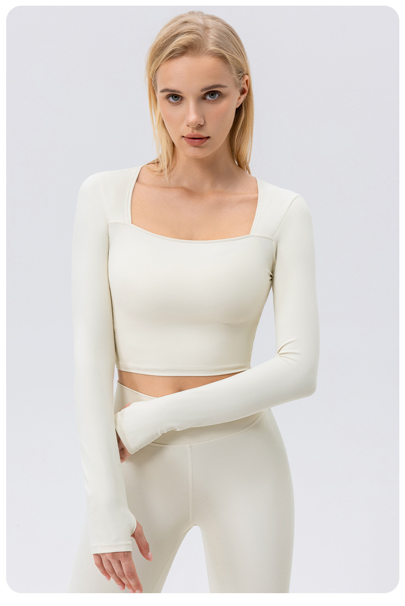 Autumn/Winter Yoga Long-Sleeved Square Neckline Nude Fit Sports T-Shirt Outdoor Running Fitness Top