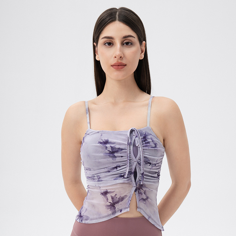 Ink wash print yoga vest for women, slim fit, sports camisole, breathable mesh, dance, Pilates, fitness vest top