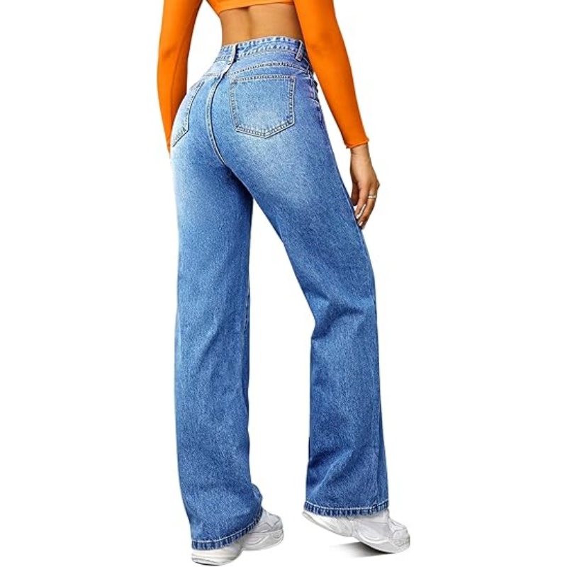 Women's High Waisted Microelastic Straight Leg Jeans, Loose Wide Leg Boyfriend Denim Pants