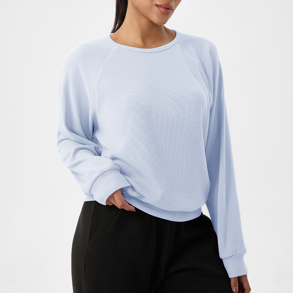 Women's Autumn/Winter Waffle Knit Crew Neck Long-Sleeve Sports T-Shirt, European and American Style, Solid Color, Loose Fit, Casual Running & Fitness Top