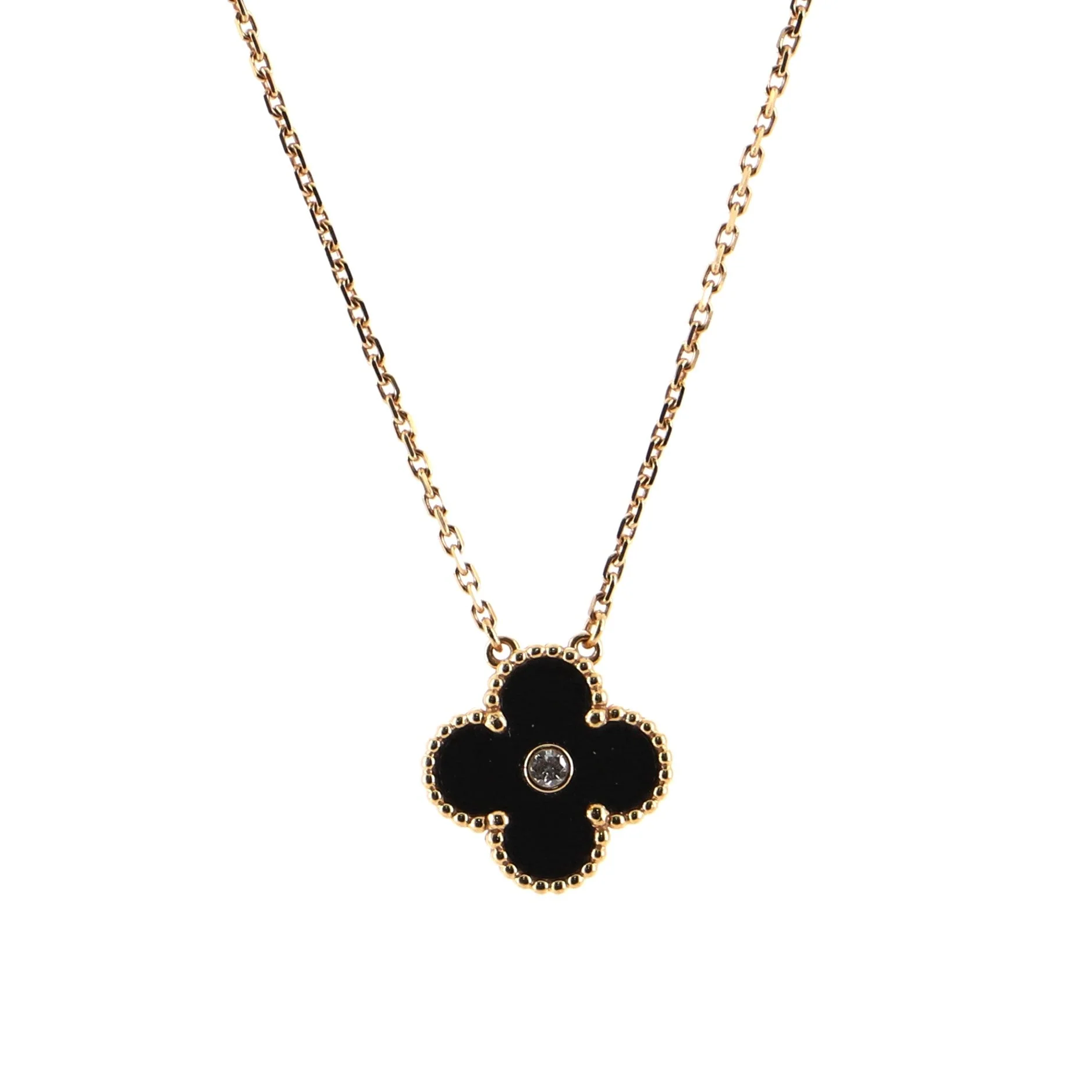 Vintage Alhambra Pendant Necklace 18K Rose Gold and Onyx with Diamond