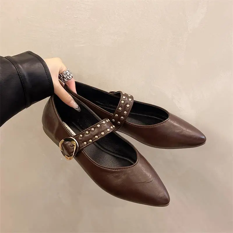 Pointed Toe Mary Janes Shoes Women PU Leather Rivet Black Flats Shoes Spring Autumn Elegant Party Daily Low Heels Pump Footwear