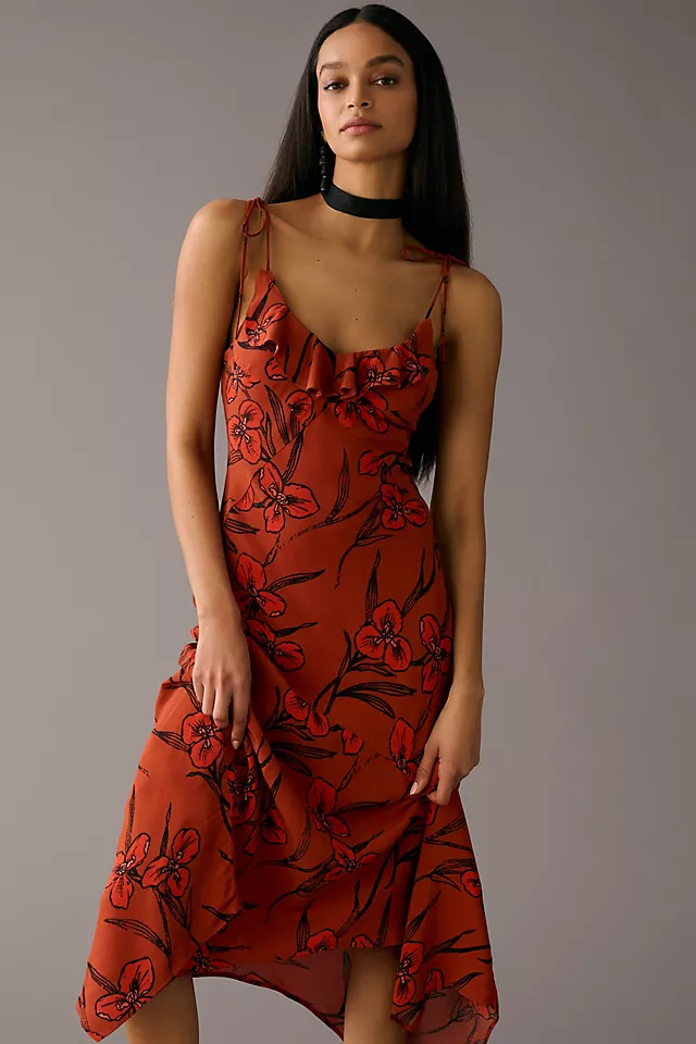 Ruffled V-Neck Slip Dress RED