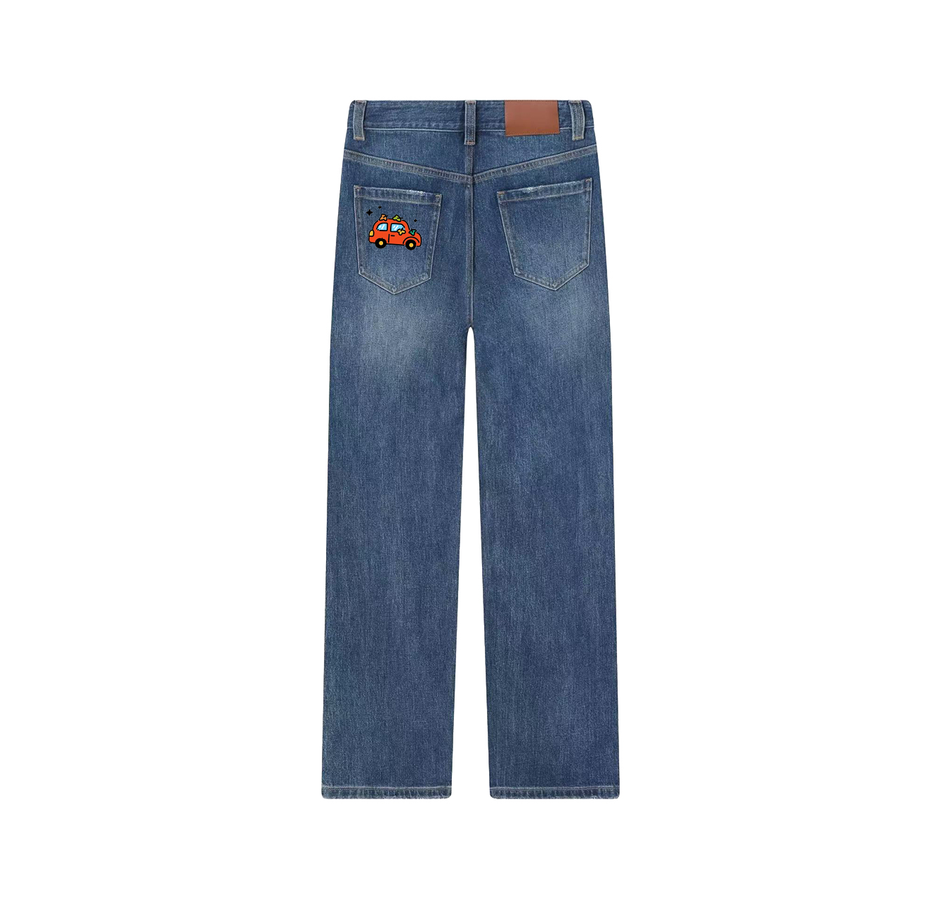 A pair of jeans featuring a car print—a wardrobe essential.