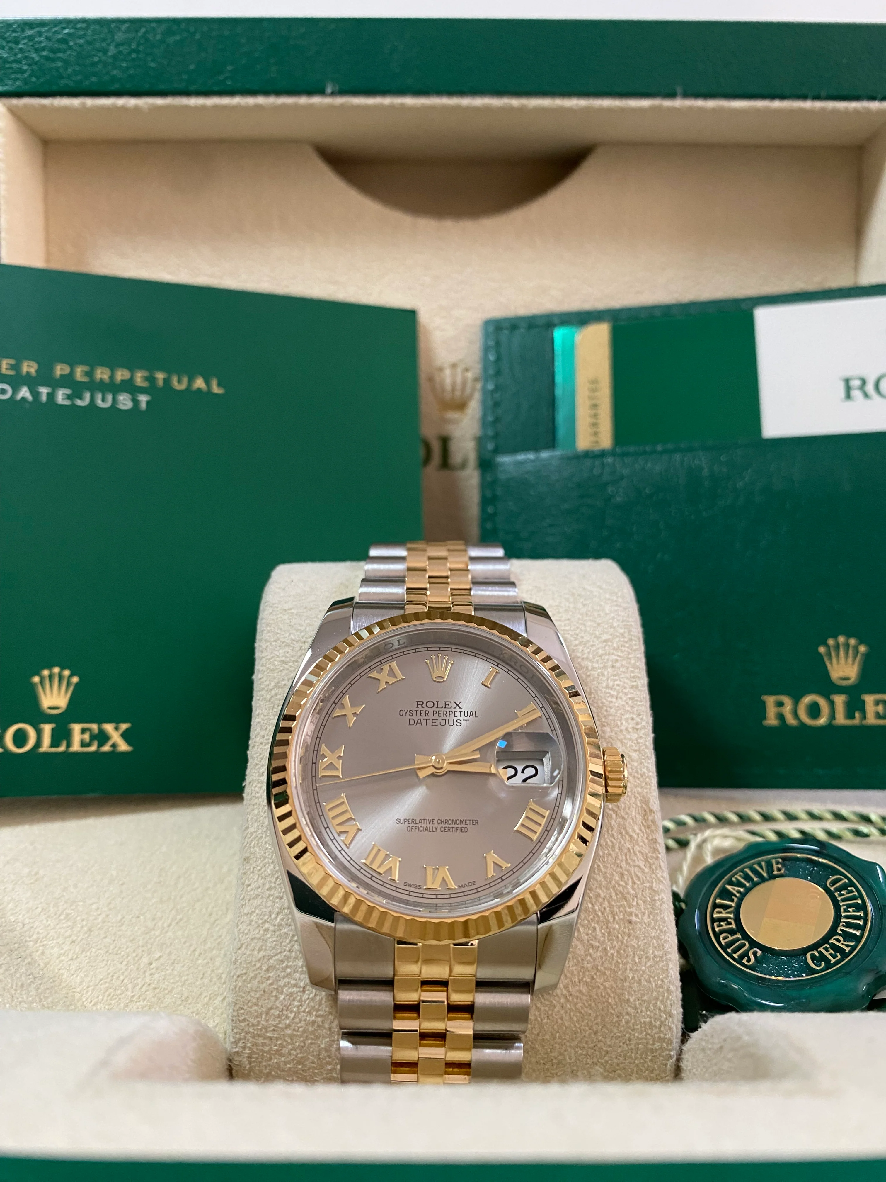 Rolex Steel and Yellow Gold Datejust 36 - 2014 - Fluted Bezel - Slate Grey Roman Dial - Jubilee Bracelet - 116233 *FULL SET*