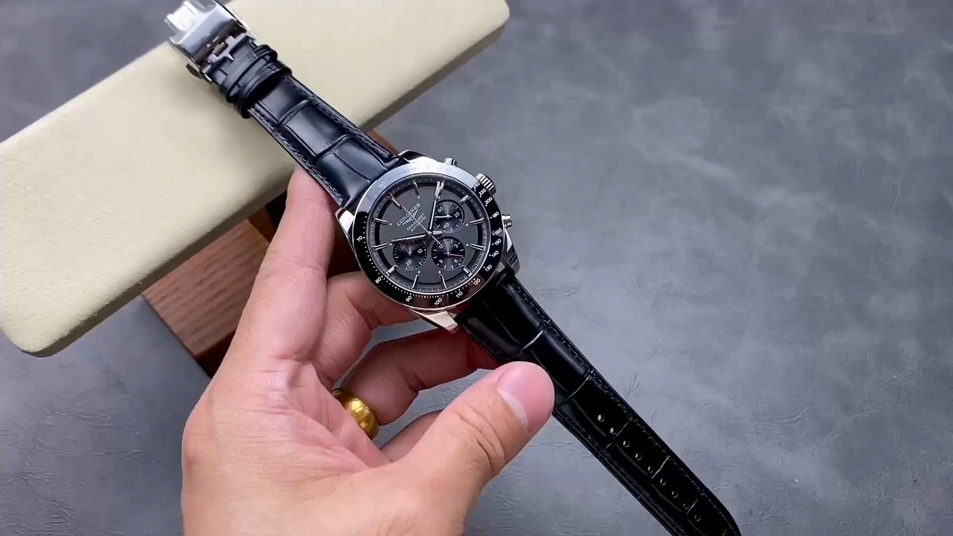 Longines L3.836.4.52.9 Conquest 42MM Gray Dial Replica Leather Strap Chronograph