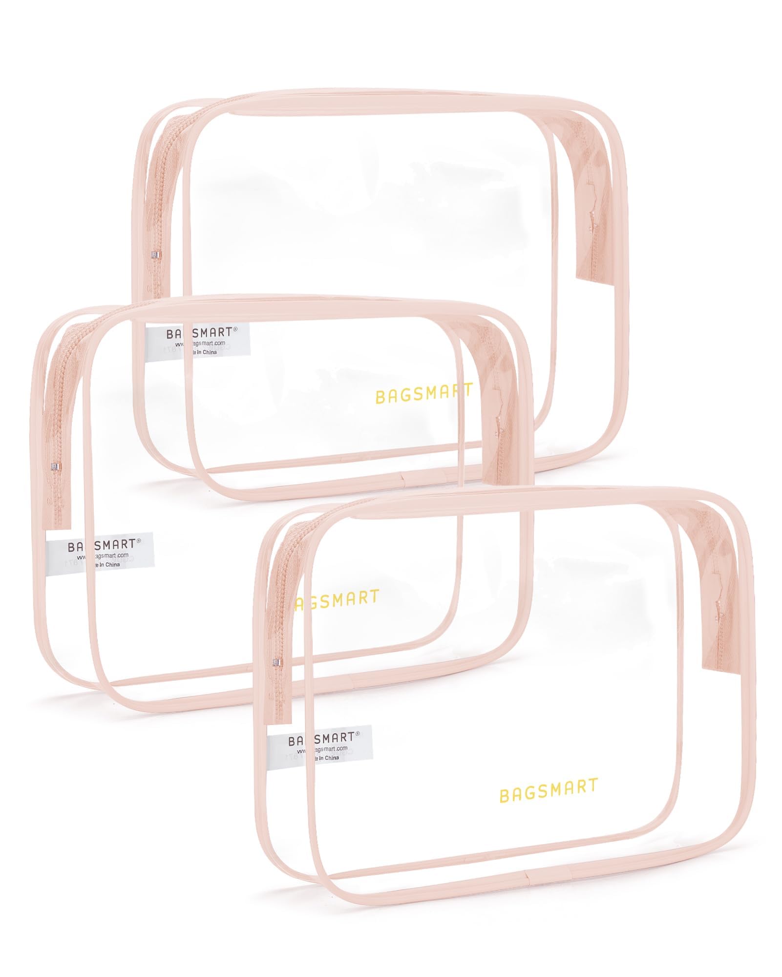BAGSMART Clear Toiletry Bag, 3 Packs TSA Approved Water resistant Quart Size Travel Organizer, Airport Airline Travel Essential Carry On Makeup Cosmetic Bags for Women, Nude Pink
