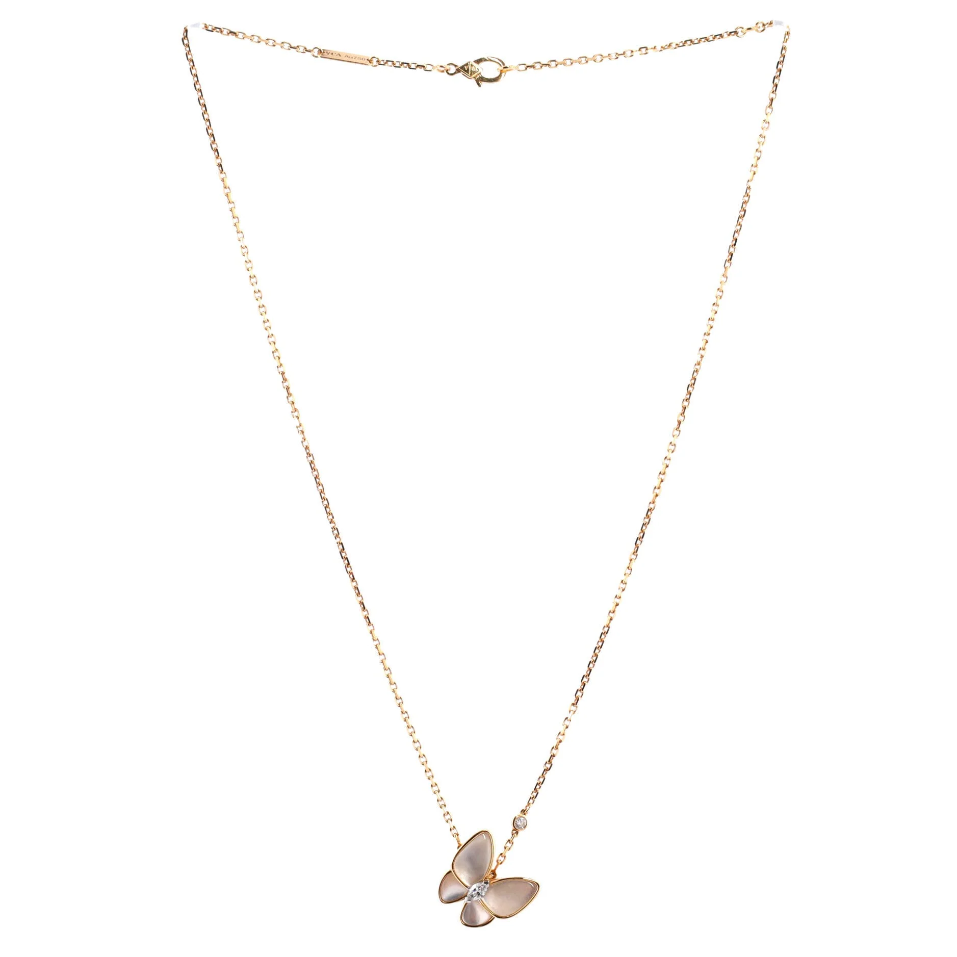 Two Butterfly Pendant Necklace 18K Rose Gold with Mother of Pearl and Diamonds