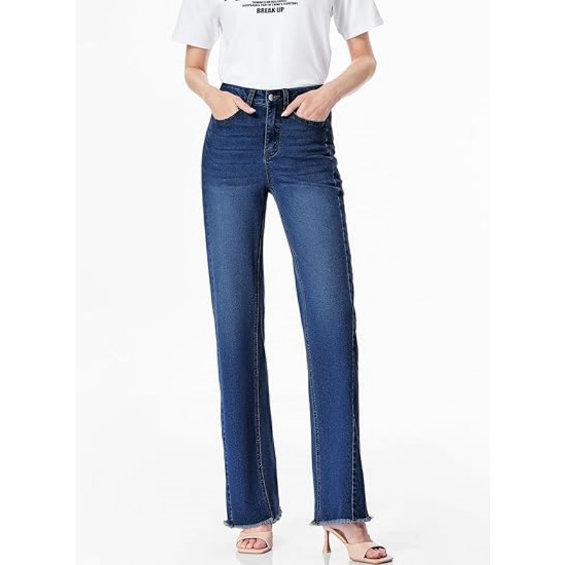 Women's High Waisted Stretchy Wide Leg Jeans, Raw Hem Denim Pants