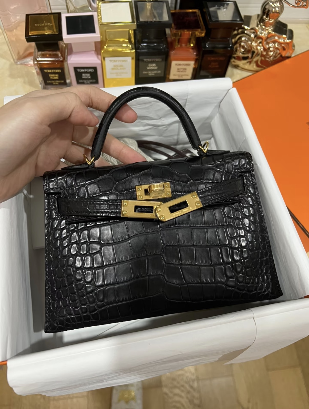 Kelly mini 2 Gold hardware black matte American crocodile leather custom - Artisantouchss