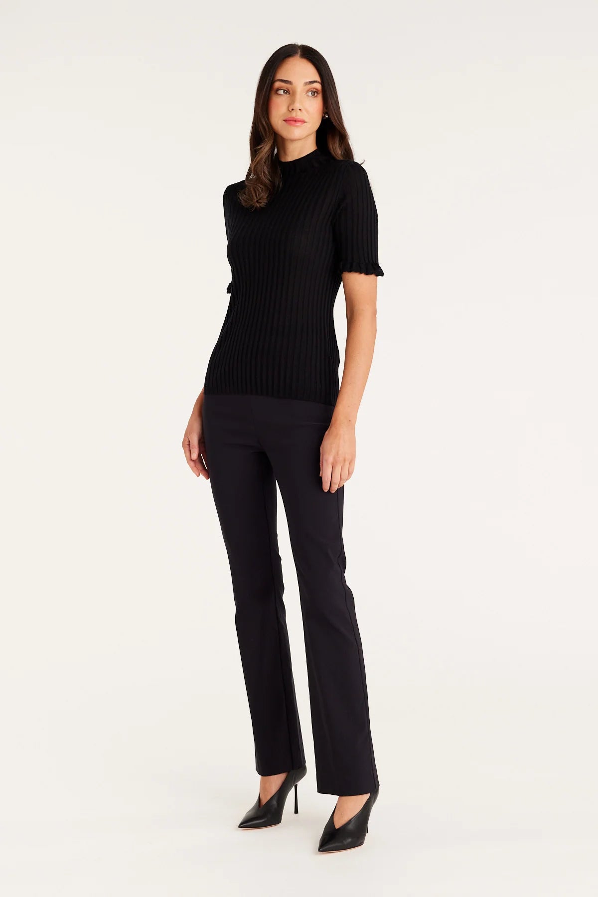 Ribbed Mock Neck Blouse with Flared Cuffs