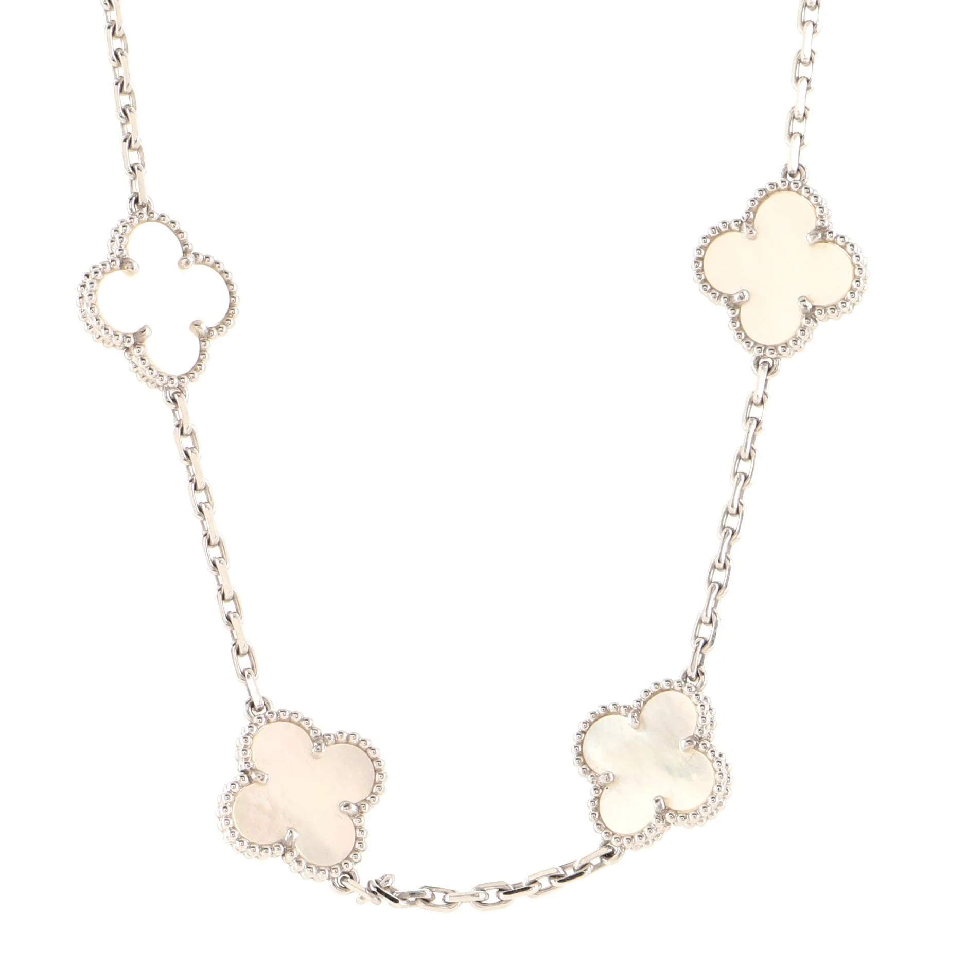 Vintage Alhambra 10 Motifs Necklace 18K White Gold and Mother of Pearl