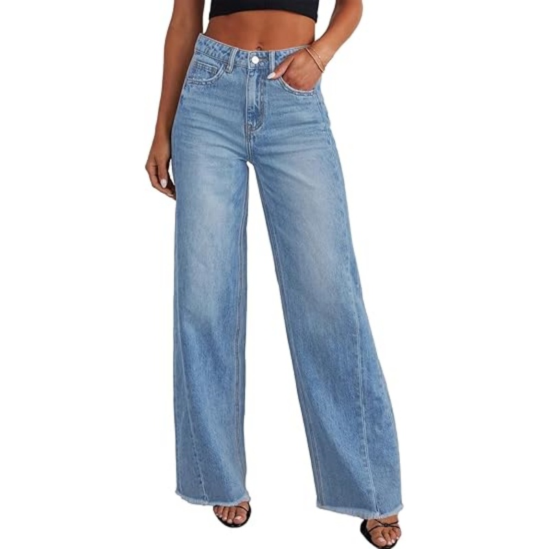 Women's High Waisted Stretchy Wide Leg Raw Hem Jeans