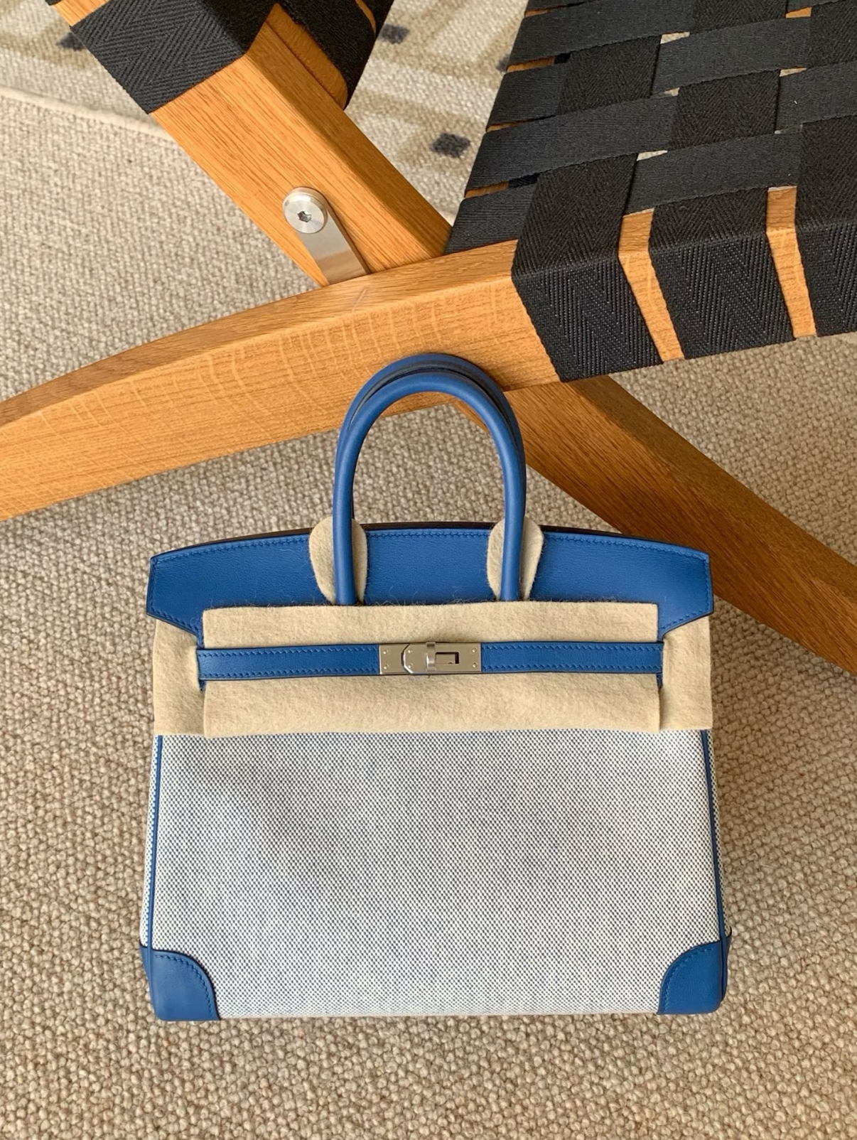 Hermès Birkin 25-30 French blue canvas and leather with silver buckle custom