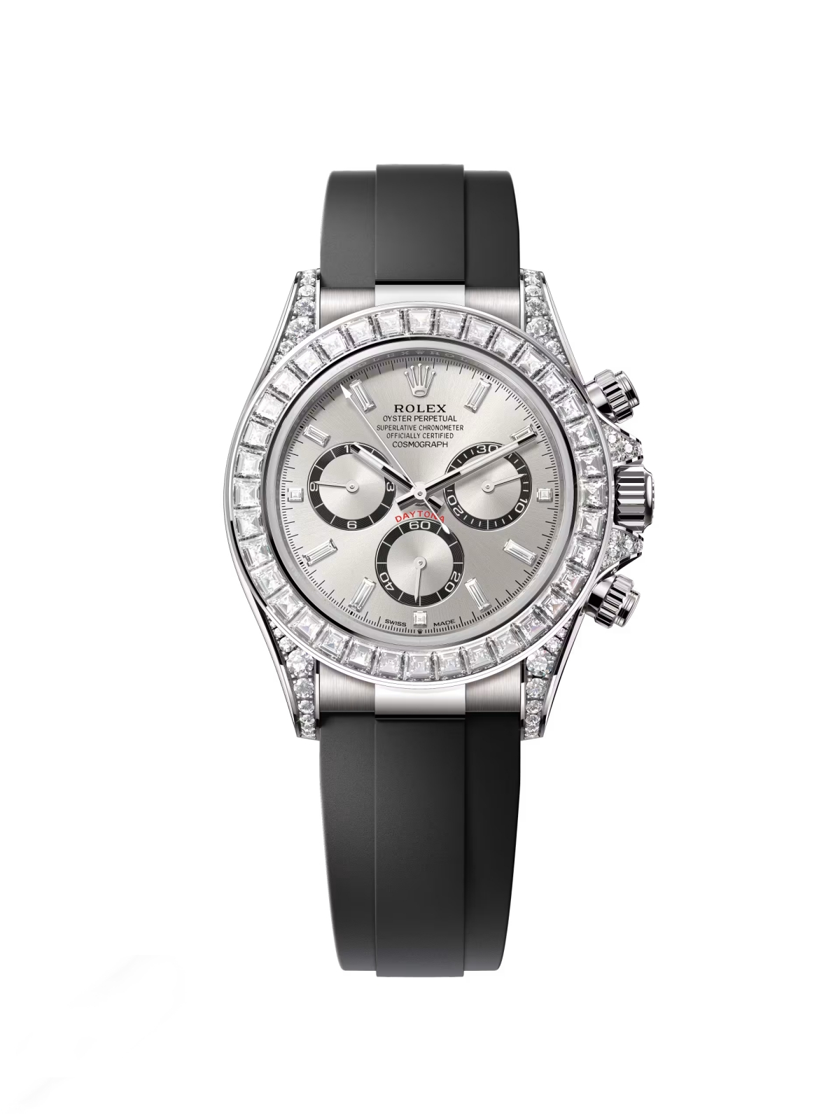 【Super Clone】Rolex Cosmograph Daytona 40mm White Gold Diamond Baguette Silver Dial Diamond Bezel Oysterflex - 126539TBR