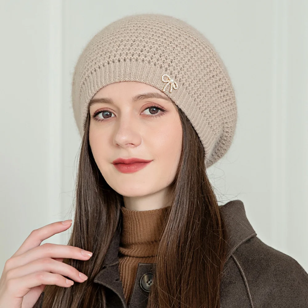 New Women Winter Hat Streetwear Rabbit Fur Blend Warm Cap Fashion Decorate Beanie Hat For Female Casual Knitted Hat
